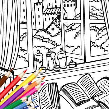 Preview of Book Lover's View To The Castle Coloring Book Page For Teens and Adults