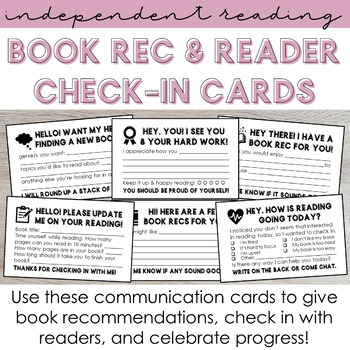 Preview of Book Rec & Reader Check-In Communication Cards - Support Independent Reading