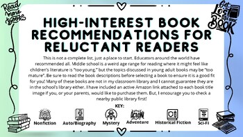 Preview of Book Recommendations for Reluctant Middle School Readers