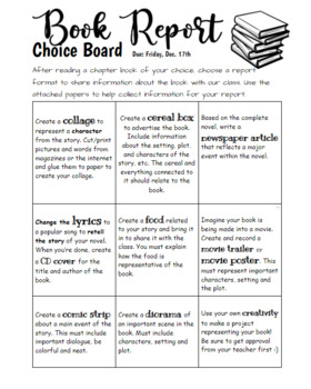 book report choice board high school