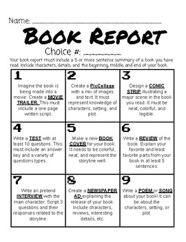 book report project choice board