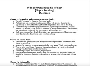 Preview of Book Report Options: Independent Reading or Class Text (10)