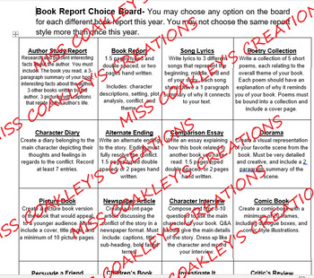 Preview of Book Report Project Choice Board & Rubrics