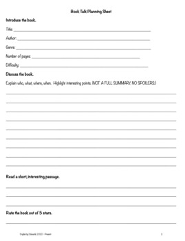 Book Talk Planning Sheet by English by Edwards | TPT