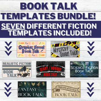 Preview of Book Talk Template BUNDLE | Seven Fiction Genres | Editable Directions & Rubric
