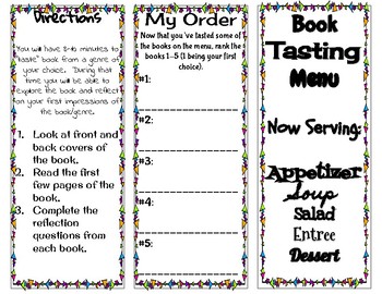 Book Tasting Menu by 5th Grade Happenings Teachers Pay Teachers