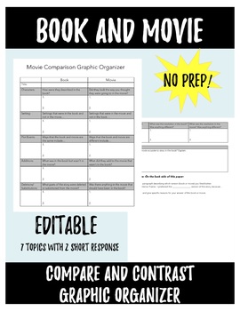 Preview of Book and Movie Compare and Contrast Graphic Organizer