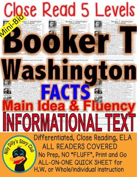 Preview of Booker T Washington CLOSE READING 5 LEVEL PASSAGES Main Idea Fluency Check TDQs