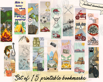 Preview of Bookmarks - Adventure themed - x15 (sports, cars, motorbikes, camping, fishing)
