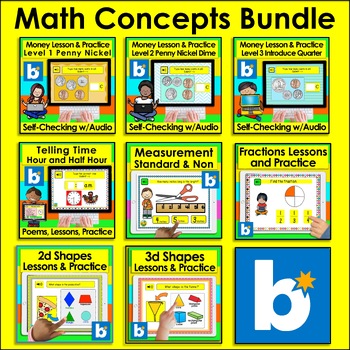 Preview of Boom Card Practice or Assessment Bundle Money Time Measurement Shapes Fractions