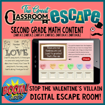 Preview of Boom Cards™ 2nd Grade Math Valentine's Day Escape Room Activity