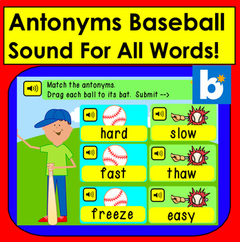 Preview of Boom Cards Antonyms ⚾️ Baseball Match 60 Pairs Baseballs to Bats Digital Center