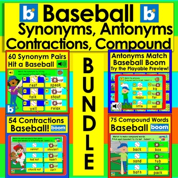 Preview of Boom Cards Baseball BUNDLE Synonyms, Antonyms, Contractions, Compound Words