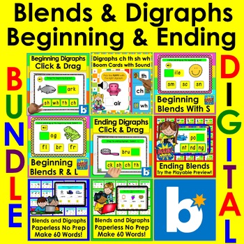 Preview of Boom Cards Blends & Digraphs BUNDLE Beginning & Ending Kindergarten First Grade