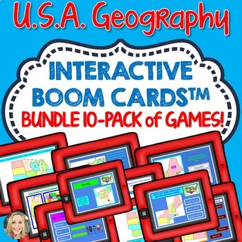 Preview of Boom Cards Bundle, US States and Capitals, Landmarks, Regions of the US, Maps