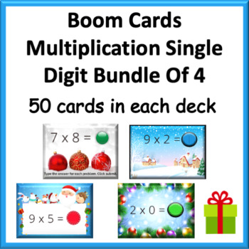 Preview of Boom Cards~Christmas/Winter Theme Multiply Single Digit Bundle Of 4