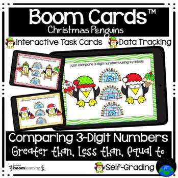 Preview of Boom Cards™ Comparing 3-Digit Numbers Christmas Penguins