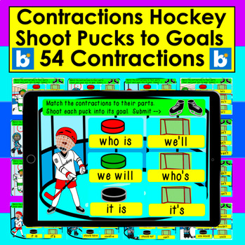 Preview of Boom Cards Contractions Hockey Interactive Self-Checking Digital Center