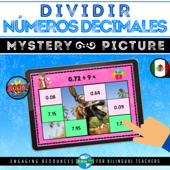 Preview of Boom Cards™ DIVISIÓN DE DECIMALES Mystery Picture | 5th Decimals Game in Spanish