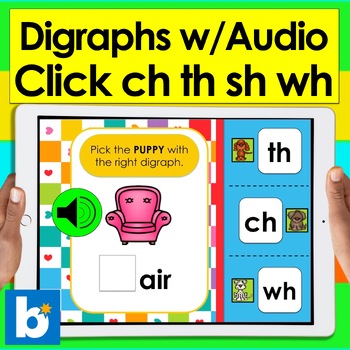 Preview of Boom Cards™ Digraphs 30 Self-Checking Digital Task Cards ch th sh wh
