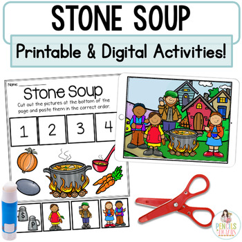 Preview of Stone Soup | Digital Boom Cards™ & Printable Fairy Tale Retell Activities