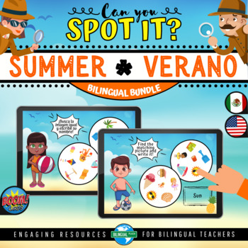 Preview of Boom Cards™ SUMMER VOCABULARY Can You Spot It? Digital Game | Bilingual Bundle
