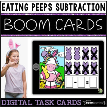 Preview of Boom Cards: Eating Peeps Easter Subtraction FREEBIE for K-1