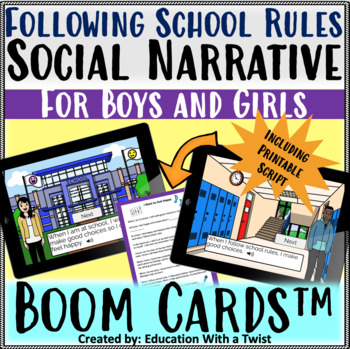 Preview of Boom Cards™ Following School Rules Social Narrative &Printable Distance Learning