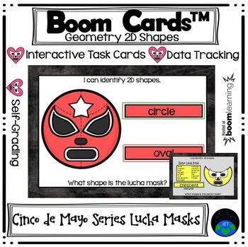 Preview of Boom Cards™ Geometry 2D Shapes Cinco de Mayo Series Lucha Masks