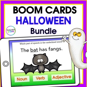 Preview of HALLOWEEN BOOM CARDS MATH & LITERACY CENTERS Nouns Verbs Phonics Addition Bundle