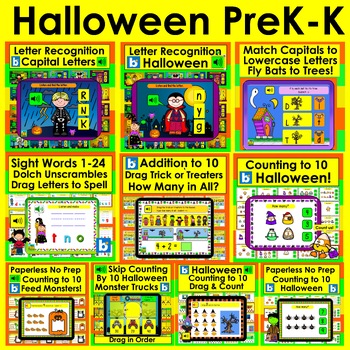 Preview of Boom Cards Halloween Math and Literacy BUNDLE for Preschool and Kindergarten