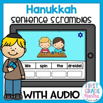 Preview of Boom Cards Hanukkah Sentence Scramble