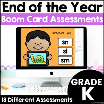 Preview of End of the Year Math and ELA Activities Boom Card Assessments for Kindergarten