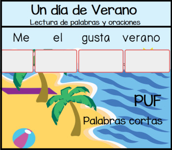 Preview of Boom Cards | Lectura "Un día de verano" | PUF y frases | Spanish