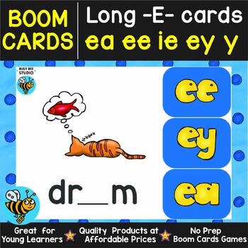 Preview of LONG E VOWEL TEAMS EE EA EY IE Y TASK CARDS PHONICS BOOM CARDS REVIEW ACTIVITIES