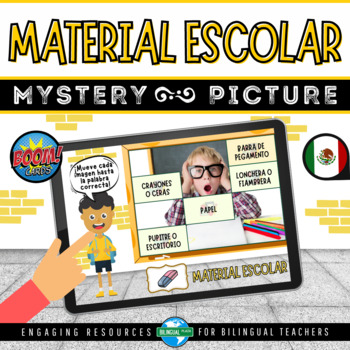 Preview of Boom Cards™ MATERIAL ESCOLAR Mystery Picture | School Supplies Game in Spanish