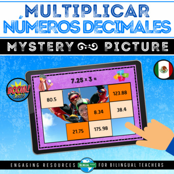 Preview of Boom Cards™ MULTIPLICACIÓN DECIMALES Mystery Picture | 5th Decimals in Spanish