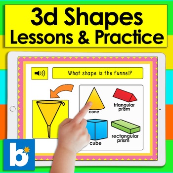 Preview of Boom Cards Math  3d Solid Shapes Lessons & Practice: 30 Cards Digital Center
