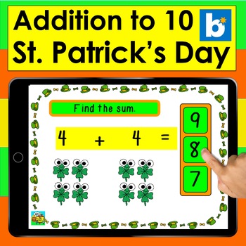 Preview of Boom Cards Math St. Patrick's Day Addition Facts to 10 Multiple Choice