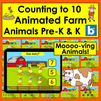 Preview of Boom Cards Math: Animated Farm Animals Counting to 10 Click the Correct Answer