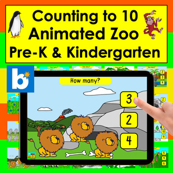 Preview of Boom Cards Math Animated Zoo Counting to 10 Click the Answer Digital Center