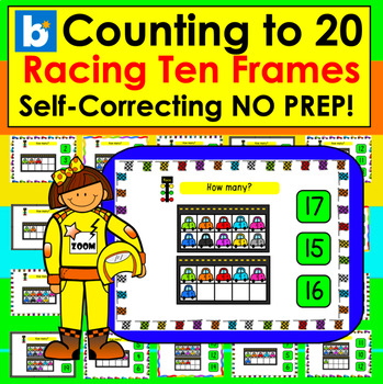 Preview of Boom Cards Math Counting to 20 - With Race Car Ten Frames Self-Correcting