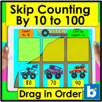 Preview of Boom Cards Math Skip Counting By 10 to 100 With Monster Trucks Digital Center