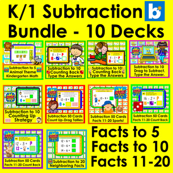 Preview of 50% OFF Boom Cards Math Subtraction K/1 BUNDLE: 10 Decks:  10 Digital Centers