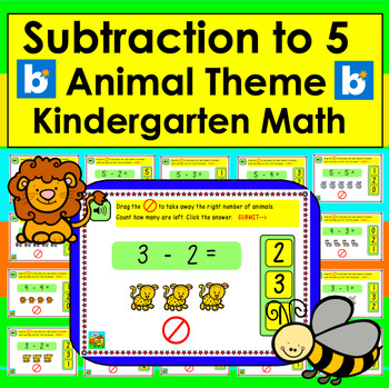 Preview of Boom Cards Math Subtraction Kindergarten Fact Fluency to 5 - Animal Theme