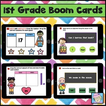 Preview of First Grade Math Boom Cards™ BUNDLE Literacy Reading Addition Grammar