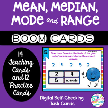 Preview of Boom Cards Mean, Median, Mode and Range Practice Self Checking Task Cards