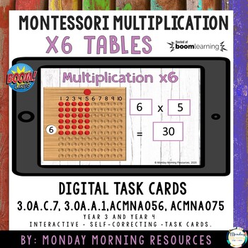 Preview of Boom Cards™ Montessori Multiplication x6 Digital Task Cards - Distance Learning