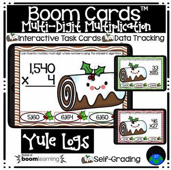 Preview of Boom Cards™ Multi Digit Multiplication Yule Logs