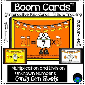 Preview of Boom Cards™ Multiplication and Division Unknown Numbers Candy Corn Ghosts